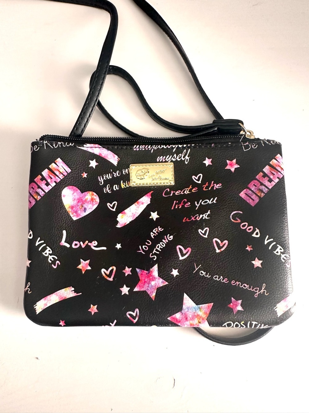 Betsey Johnson - Purse, Crossbody, Wristlet, Black, Positive Affirmation, EUC